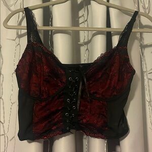 Lace-Front Red and Black Bustier Crop Top - Women's Intimates